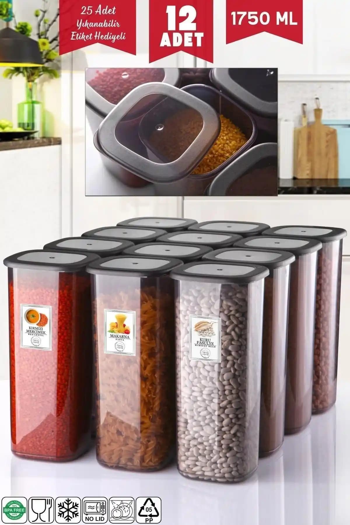Nandy Home 12'li 1750 Ml Kırılmaz Antrasit Saklama Kabı Seti Mutfak Düzeni ve Gıda Güvenliği İçin