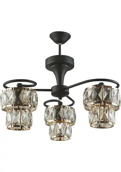 Ömür Avize Yontes Siyah Kasa Gold Başlıklı Taşlı Üçlü Avize Modern ve Şık Tasarım