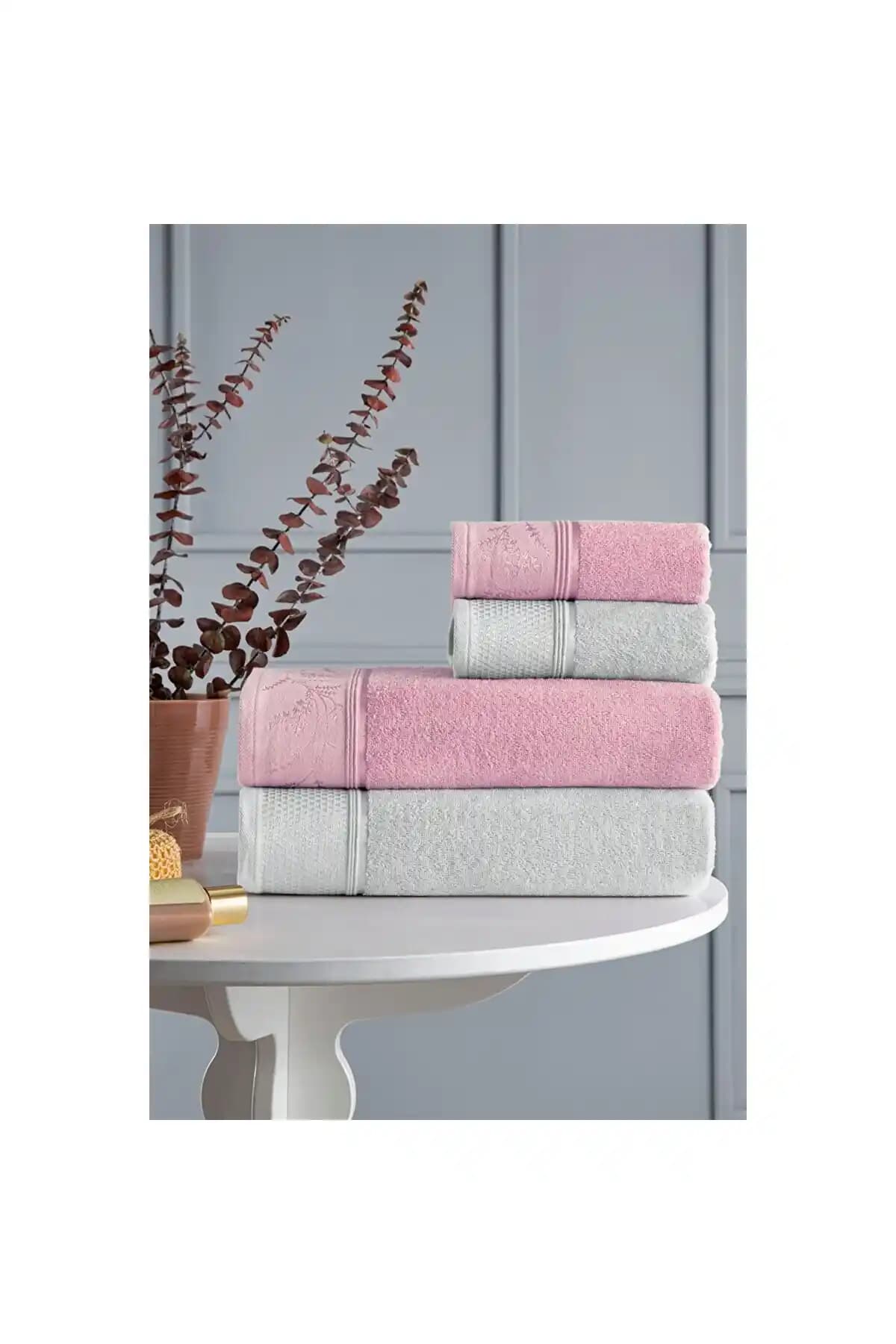 Özdilek Ditsy Gri Pembe Hamam Takımı Seti Yüksek Emicilik ve Şıklık Sunar