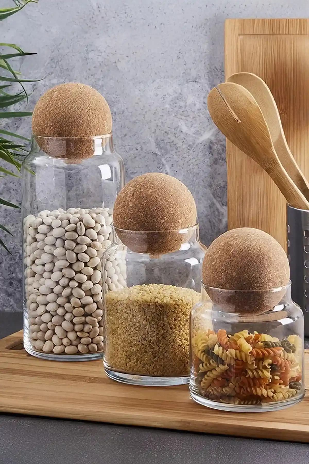 Perotti Peortti Sughero 3'lü Cam Kavanoz ve Baharatlık Seti Şık ve Fonksiyonel Saklama Çözümü