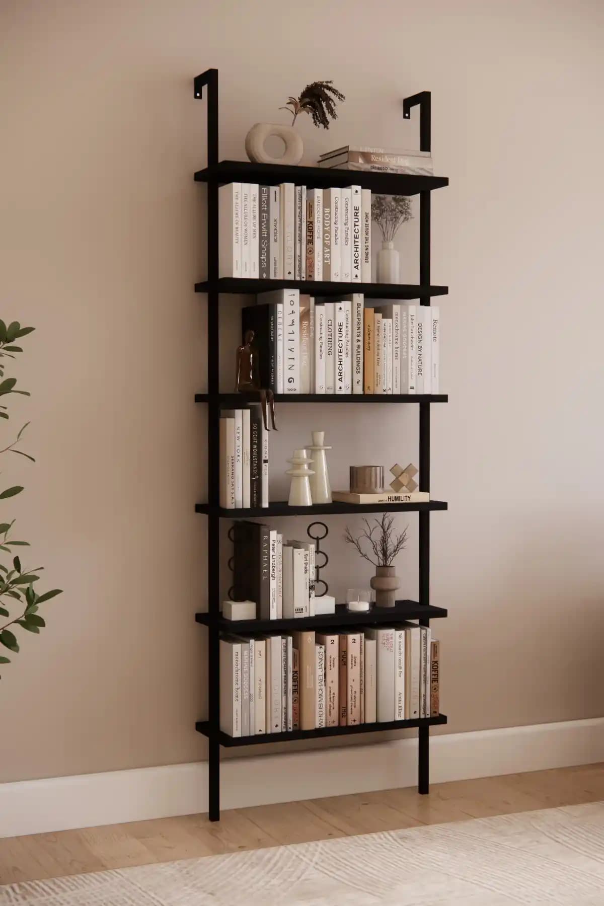 Phobia Siyah 6 Katlı Duvara Monte Kitaplık Modern ve Fonksiyonel Tasarım