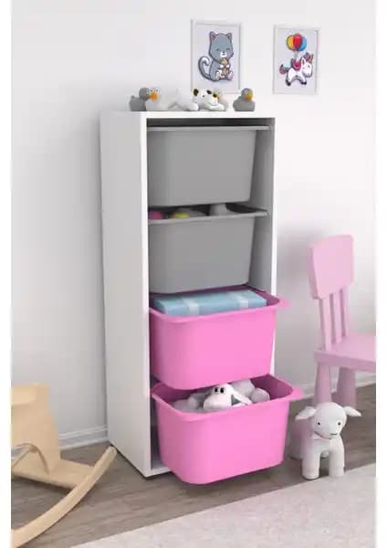 Pratico Çok Amaçlı 4 Sepetli Pembe Gri Oyuncak Dolabı - Dayanıklı ve Şık Tasarım