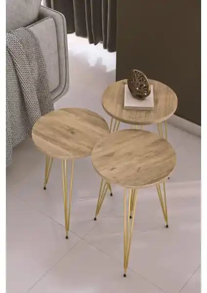 Pratico Nisa Atlantik Çam Gold Metal Ayak Zigon Sehpa Modern ve Şık Tasarım