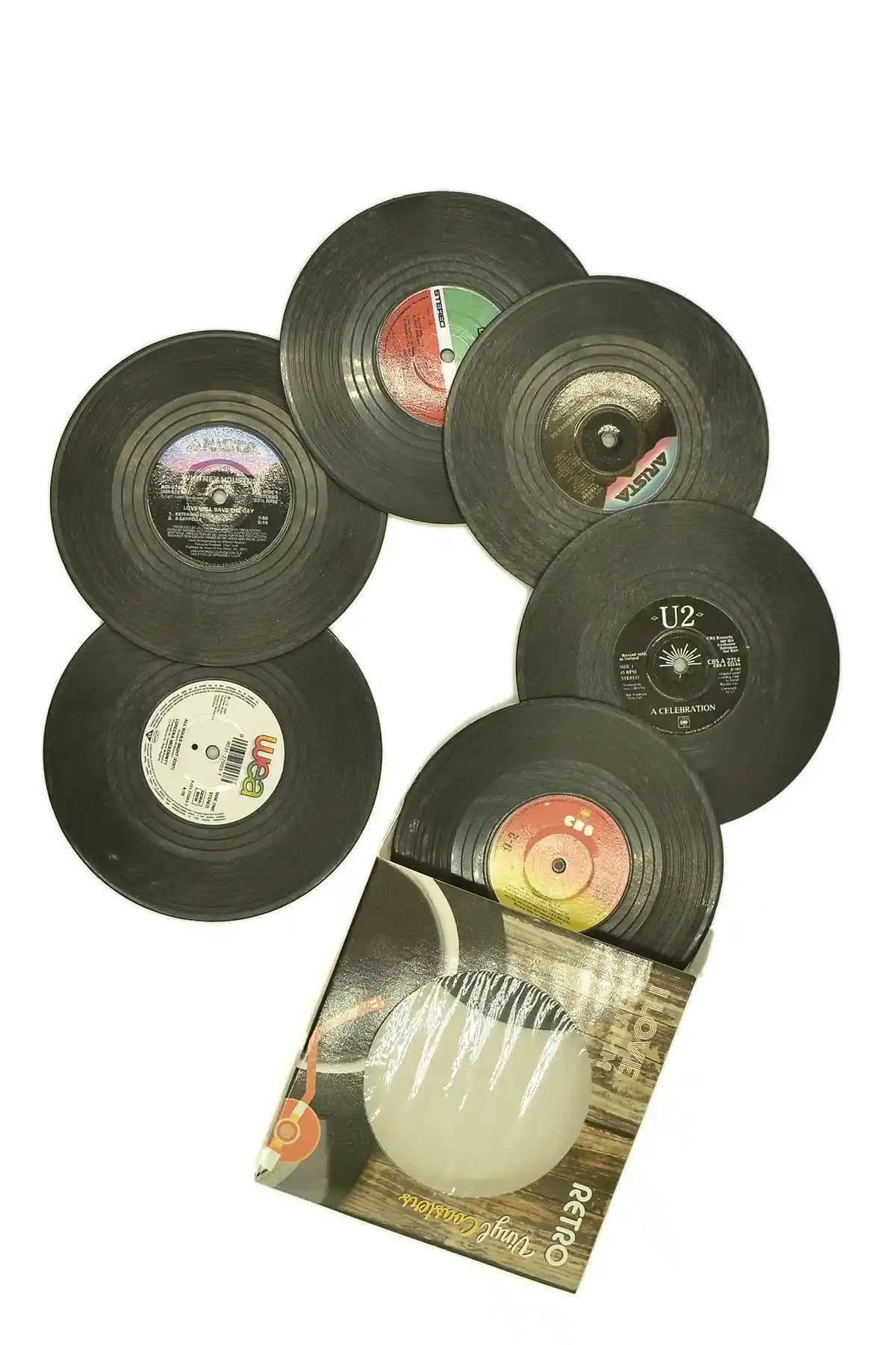 Retro Plak Tasarımlı Bardak Altlıkları Klasik ve Estetik Masa Dekorasyonu İçin