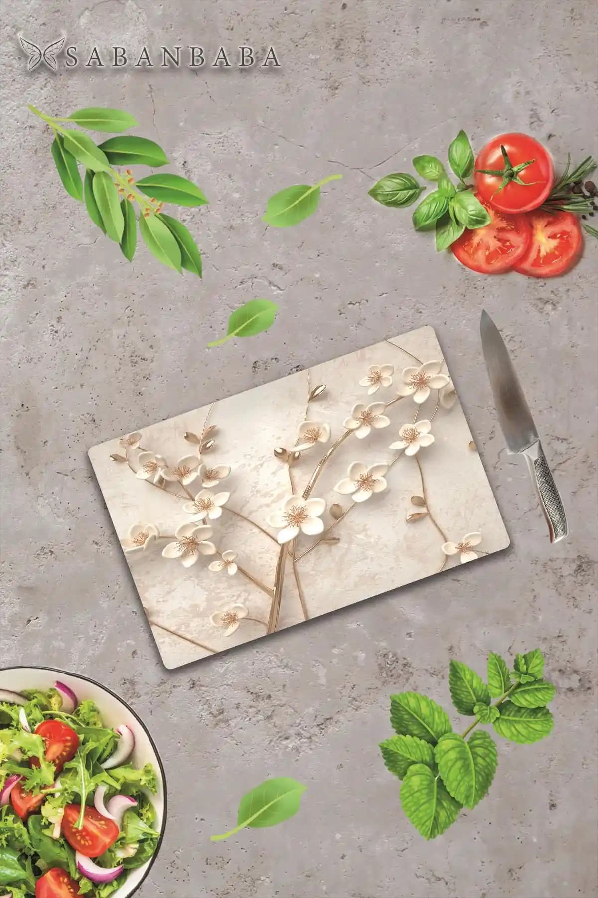 Saban 30x40cm Yapay Güller ve Cam Kesme Tahtası Modern ve Dayanıklı Tasarım