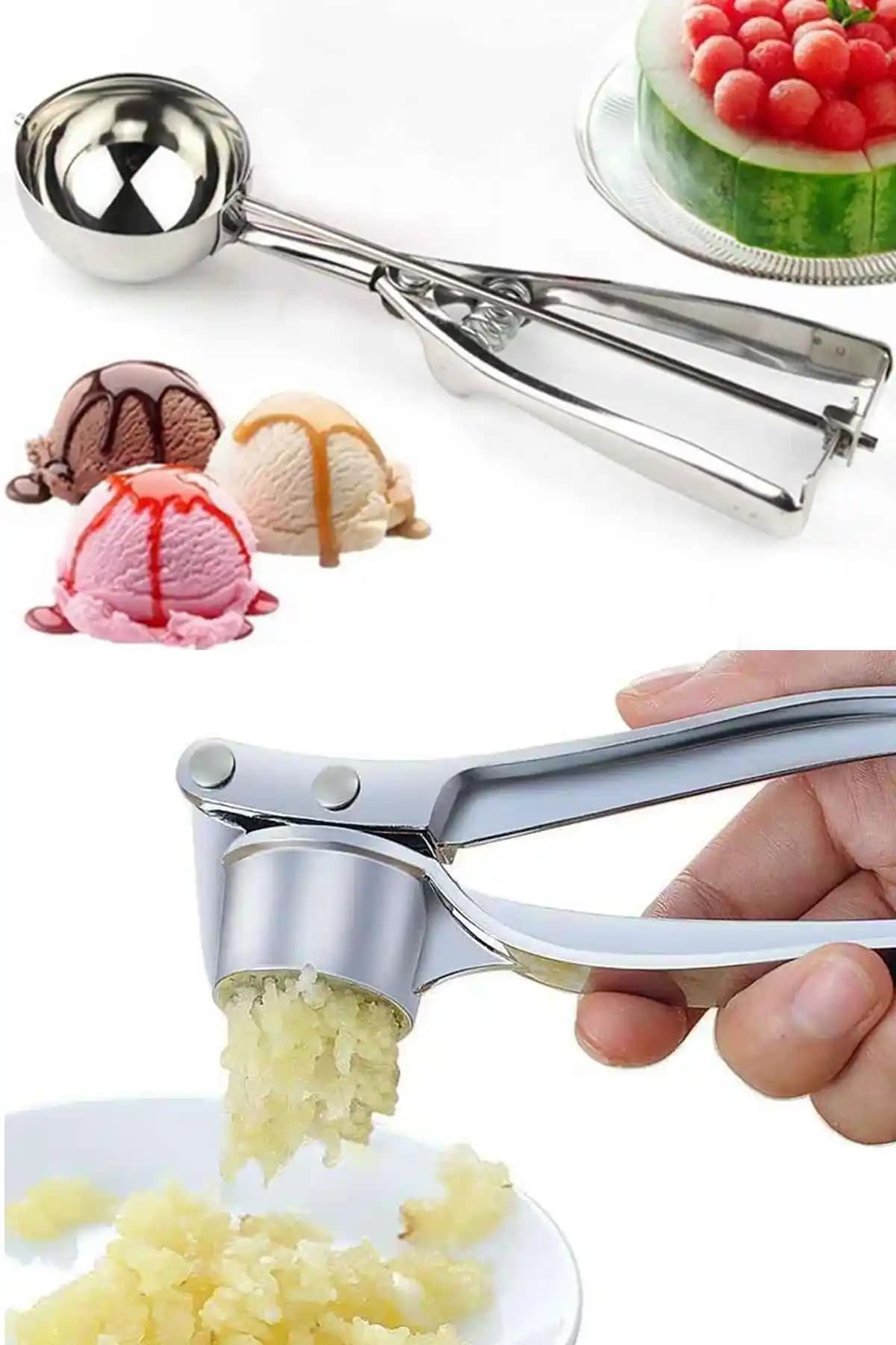 Sekiz8 Çelik Sarımsak Ezici ve Dondurma Kurabiye Servis Kaşığı Pratik ve Dayanıklı Mutfak Gereçleri