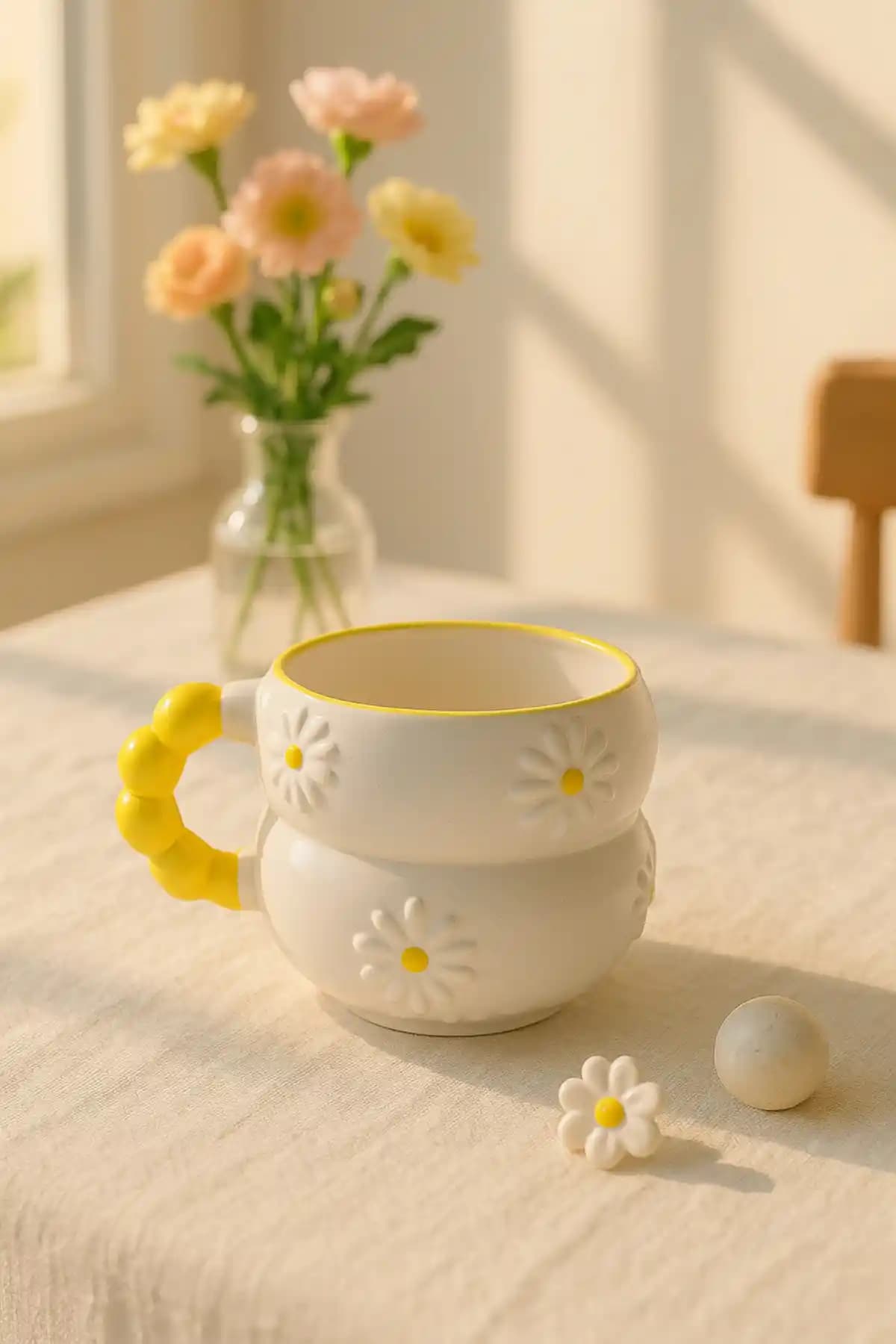 SırART Boncuk Kulplu Sarı Papatya Desenli Seramik Kupa 250 ml Estetik ve Fonksiyonel Tasarım