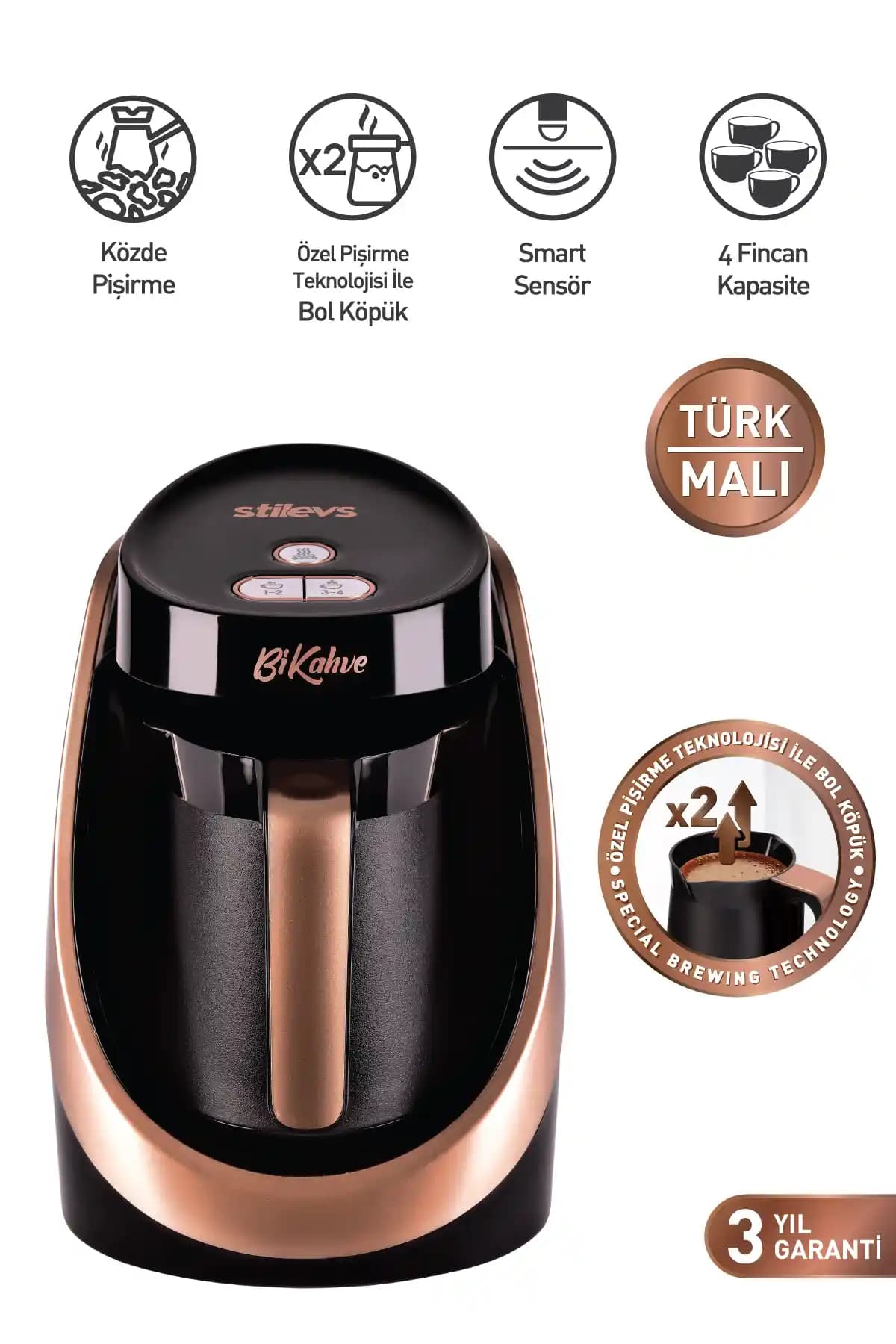 Stilevs Otomatik Türk Kahvesi Makinesi Bakır Renkli Modern Tasarım ve Fonksiyonellik