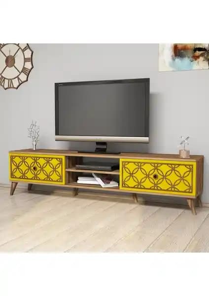 Variant Mobilya Variant Class TV Ünitesi Alt Modülü Ceviz ve Sarı Renkli Modern Tasarım