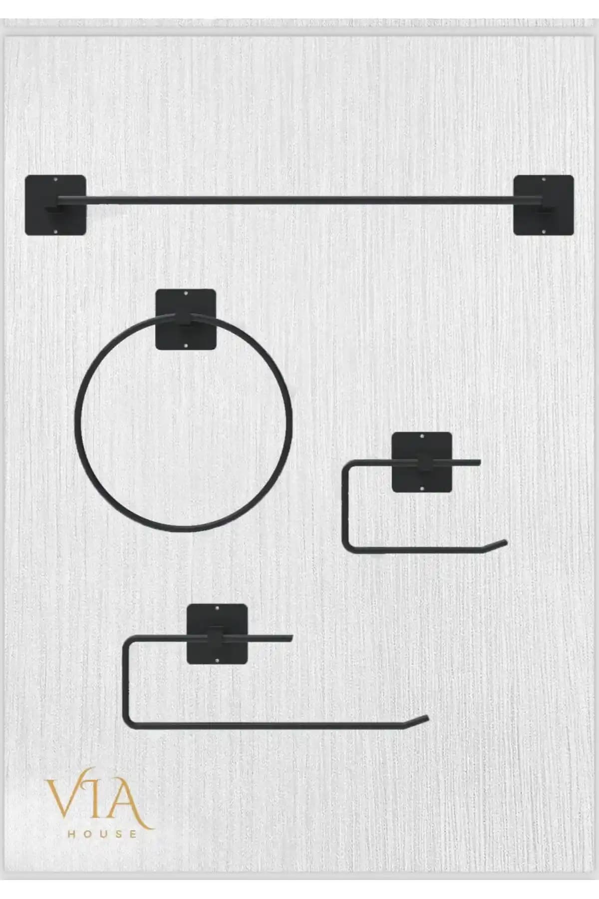 VİE HOUSE Siyah Yapışkanlı 4'lü Banyo Seti Modern ve Kolay Montajlı Tasarım