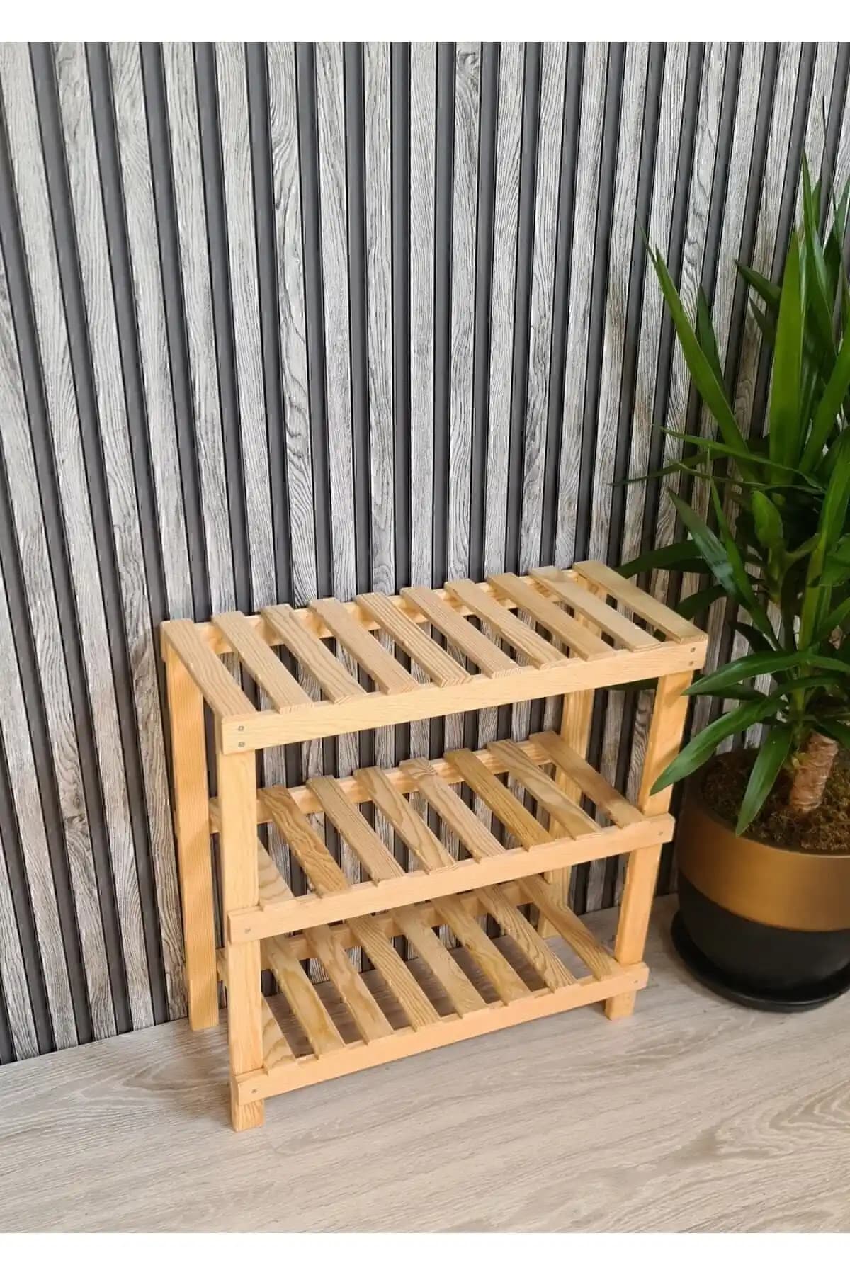 Wood's Doğal Ahşap Dekoratif 3'lü Ayakkabılık Antre ve Balkon Düzenleyici Rafları