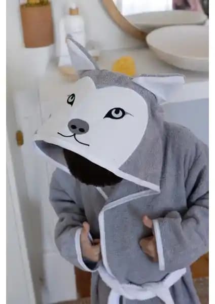 Zengin Home Kapüşonlu Çocuk Bornozu Antrasit Renkli, Pamuklu ve Eğlenceli Tasarım