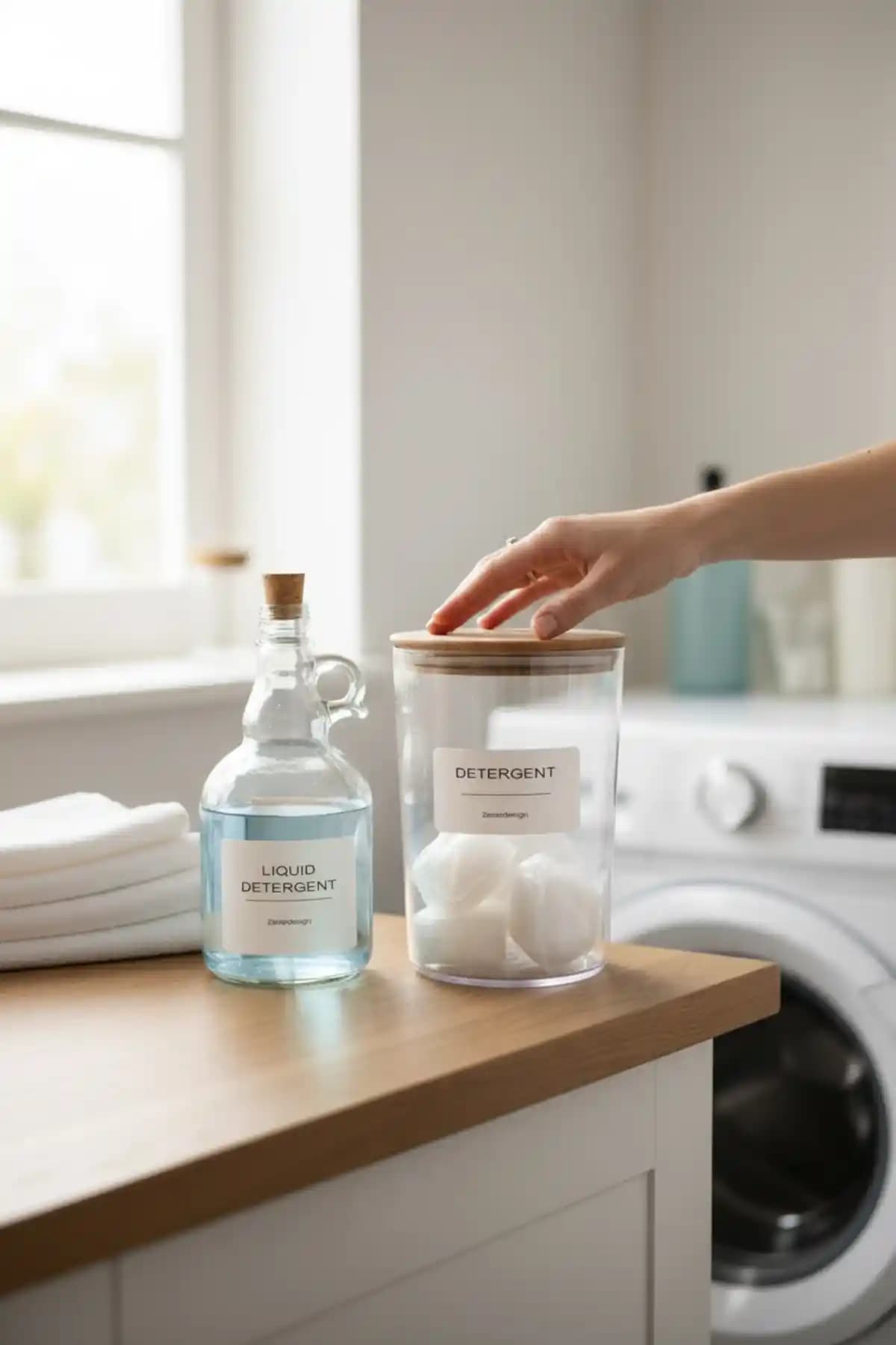 ZezeDesign Ahşap Kapaklı Toz Deterjan Kavanozu ve Sıvı Deterjan Şişesi Seti