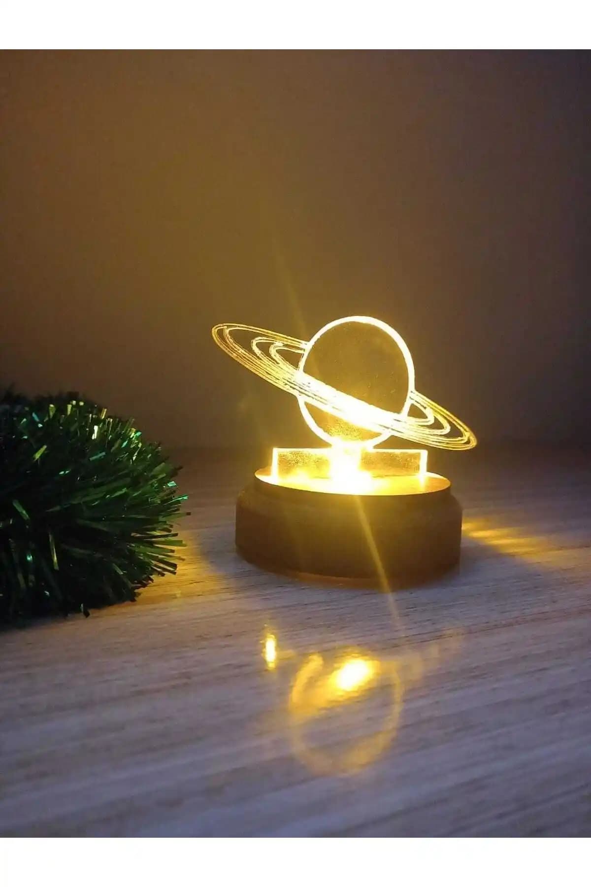 Elfora Satürn Pleksi Küre Ahşap Tabanlı Işıklı Modern Dekorasyon Parçası