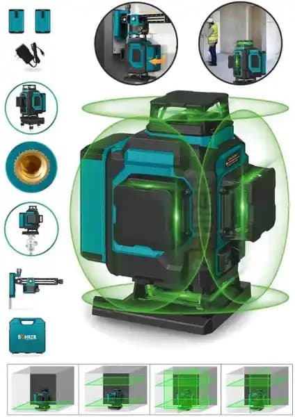 Böhrer Çift Akülü Profesyonel 4 Köşe Yeşil Çizgi Lazer Hizalama Cihazı İnşaat ve Dekorasyon