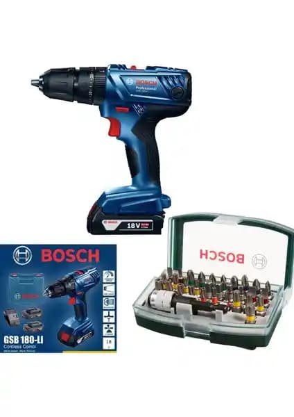Bosch GSB 180-Lİ 18V 2AH Darbeli Akülü Vidalama ve 32 Parça Vidalama Ucu Seti