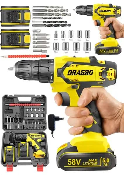 Dragro Alman 58V 5Ah Darbeli Bakır Sargılı Metal Şanzıman Şarjlı Vidalama Matkap