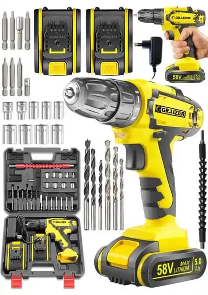Graizer Alman 58 V 5 Ah Darbeli Bakır Sargılı Şarjlı Çift Akülü Vidalama Matkap