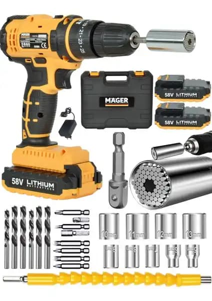 Mager 32V 5Ah Darbeli Çift Akülü Metal Şanzumanlı Profesyonel Matkap Seti