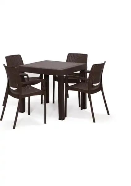 Mobetto Rattan Kahve Kollu 4 Sandalye ve Masa Takımı Dış Mekan Kullanımı İçin Şık ve Dayanıklı Tasarım
