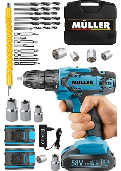 Müller Germany X-Torq 58 V 8 Ah Çift Metal Şanzıman Akülü Vidalama Matkap Seti