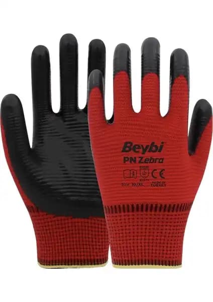 Beybi Pn Zebra Kırmızı Polyester Örme Nitril Eldiven: Endüstriyel ve hijyenik kullanım için uygun