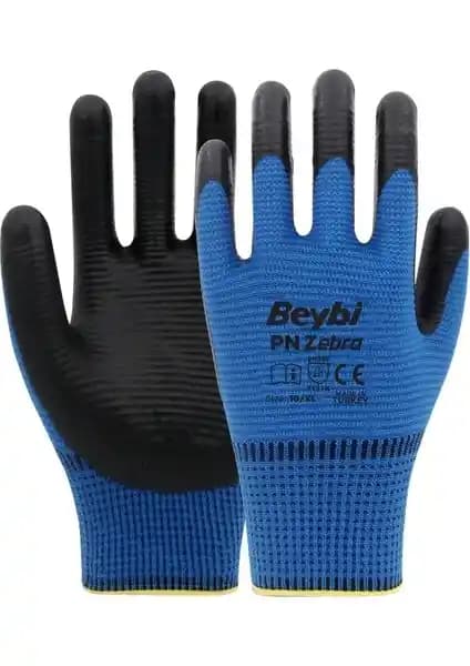 Beybi Pn Zebra Mavi Polyester Örme Nitril Eldiven Endüstriyel ve Profesyonel Kullanım İçin
