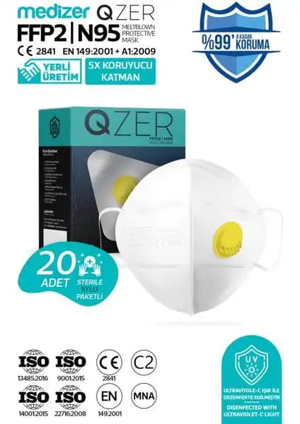Medizer Qzer Beyaz 5 Katmanlı Ventilli FFP2 N95 Maske Güvenli Solunum Koruma Çözümü