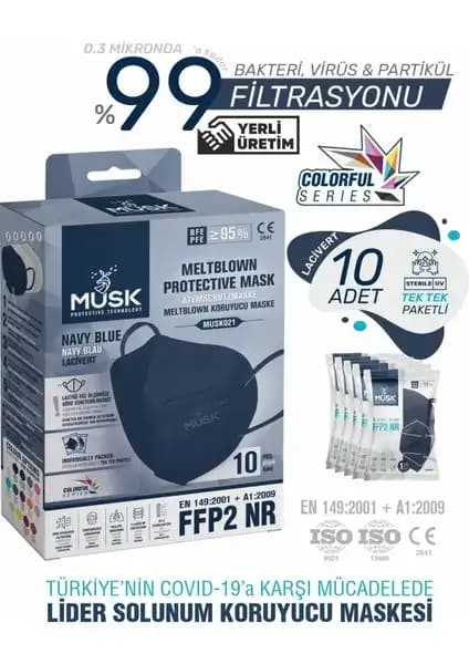 Musk FFP2/N95 Lacivert Maske 10'lu Paket Yüksek Koruma ve Konfor Sağlar