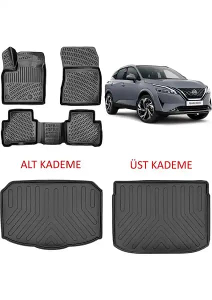 Nissan Qashqai 2022 İç ve Bagaj Koruma Seti Siyah 3D Havuzlu Paspas ve Bagaj Havuzu