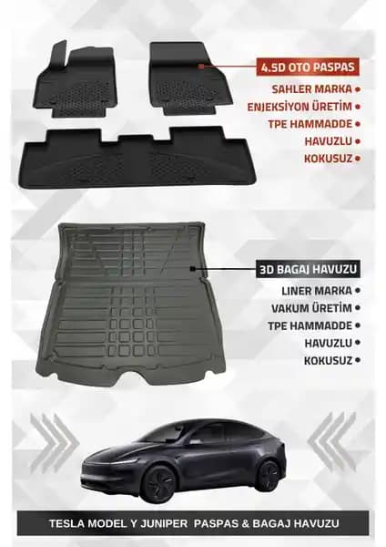 Tesla Model Y Juniper 2025 Uyumlu Premium Oto Paspas ve Bagaj Havuzu Seti