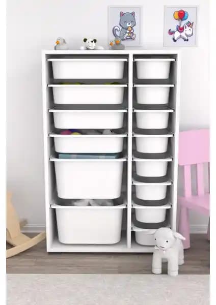 Pratico Çok Amaçlı 14 Sepetli Oyuncak Dolabı Beyaz ve Tropik Ceviz Modellerinin Karşılaştırması