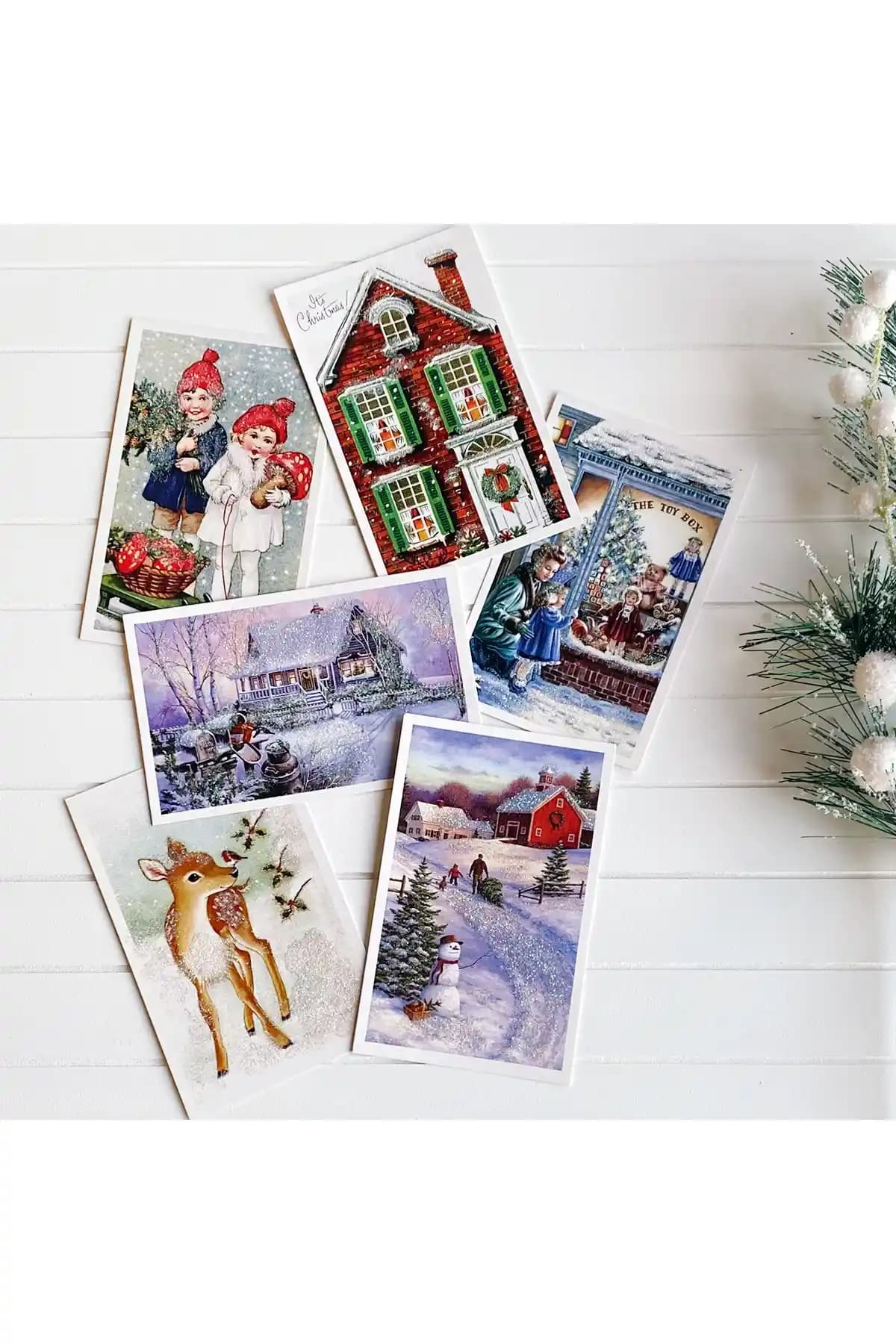 Bimotif 6'lı Simli Kartpostal Seti: Renkli ve Nostaljik Yılbaşı Dekorasyonu