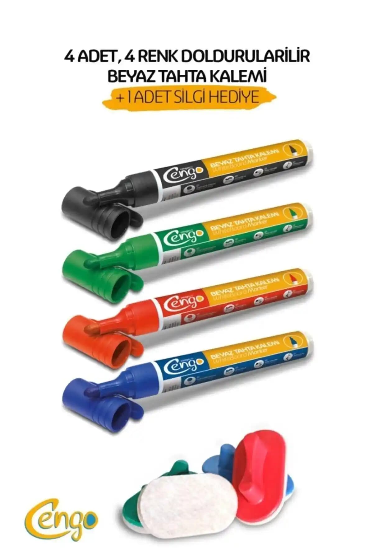 Cengo 4 Adet Doldurulabilir Beyaz Tahta Kalemi ve Silgisi Öğrencilere Uygun