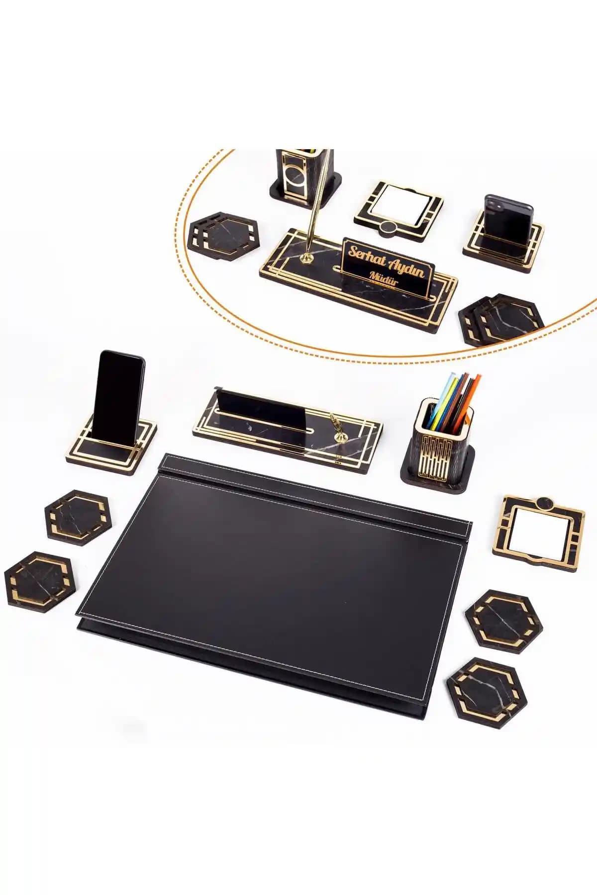 Ofistike Roxy Siyah Deri Sümen Takımı: Modern ve Şık Ofis Masa Aksesuarları