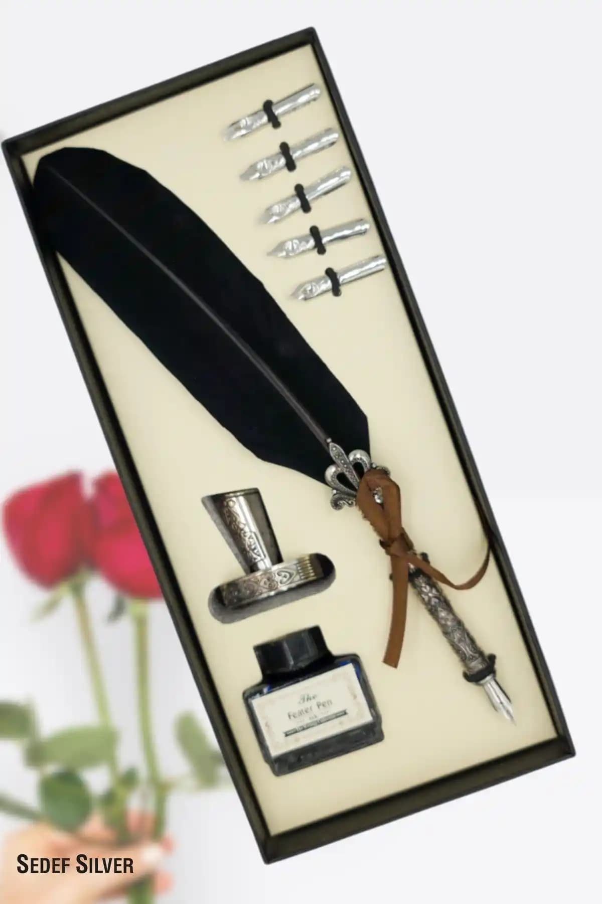 SEDEF SİLVER Kuş Tüyü Divit Kalem Seti Hediye ve Koleksiyon İçin Uygun Özgün Tasarım