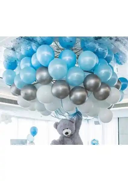 Balonevi Balon Evi: 30 Adet Metalik Uçan Balon Seti (Mavi-Beyaz-Gümüş) İç Mekân Dekoru