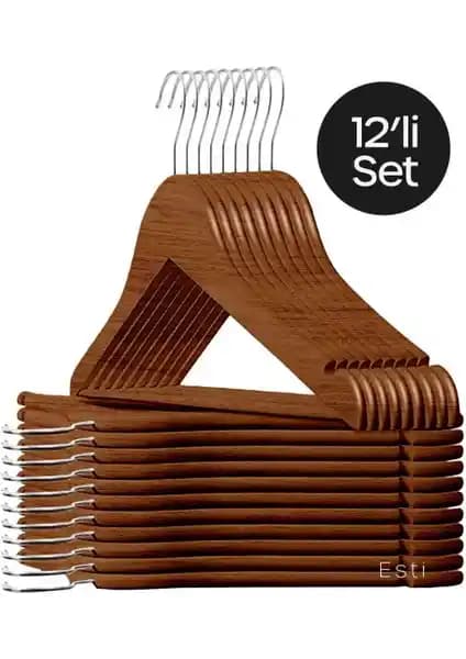 Esti 12 Adet Ahşap Görünümlü Plastik Kıyafet ve Elbise Askısı - Kahverengi