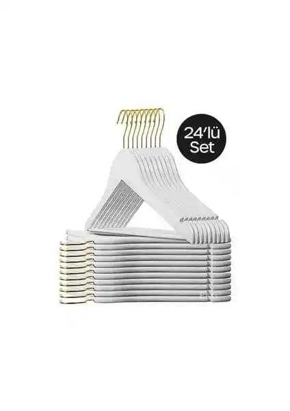 Esti 24 Adet Ahşap Görünümlü Plastik Askı Seti: Beyaz Altın Detaylı, Düzenli İç Ortam