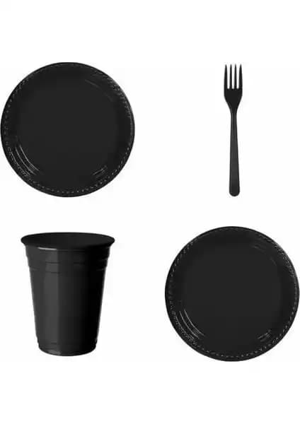 İrem Süs Evi Siyah 25 Kişilik Plastik Bardak Çatal Tabak Seti – Şık, Dayanıklı ve Tek Kullanımlık