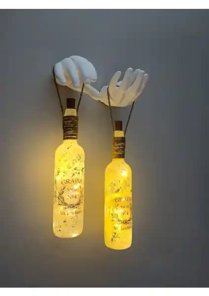 Mes Reves Design: El Yapımı Işıklı Buzlu Cam Şarap Şişesi Aplik Seti, Duvar Montaj 2'li