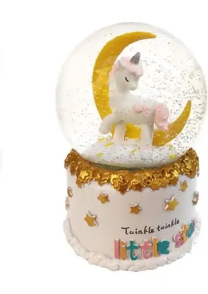 Narkissos Unicorn Ay Temalı Müzikli Işıklı Kar Küresi – Orta Boy Şık Dekor Parıltısı
