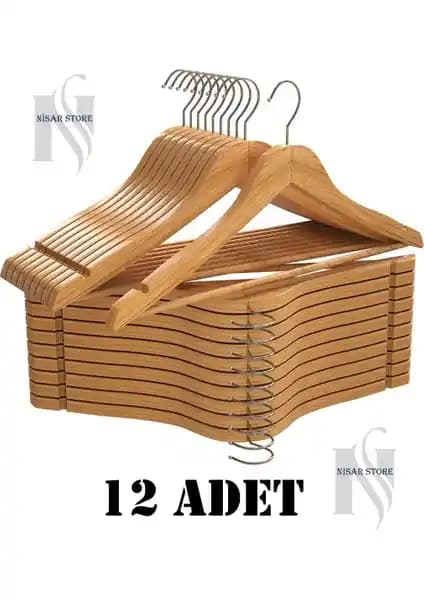 NisarStore Natürel Vernikli Ahşap Elbise ve Ceket Askısı Dolap Düzenleyici – 12'li Set