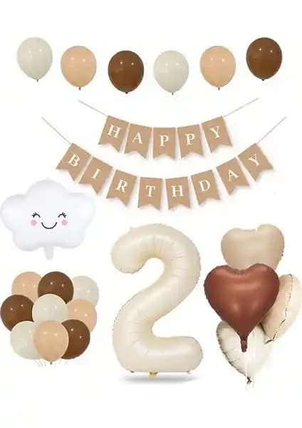 Patladı Gitti Retro Doğum Günü Seti: krem tonlarında balonlar, afiş ve bulut dekorları