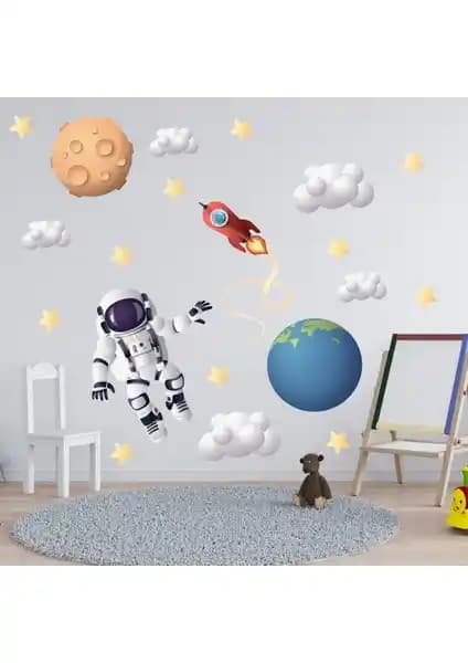Tilki Astronot Dünya Bulutlar Yıldızlar Sticker Seti – Çocuk Odası Dekorasyonu
