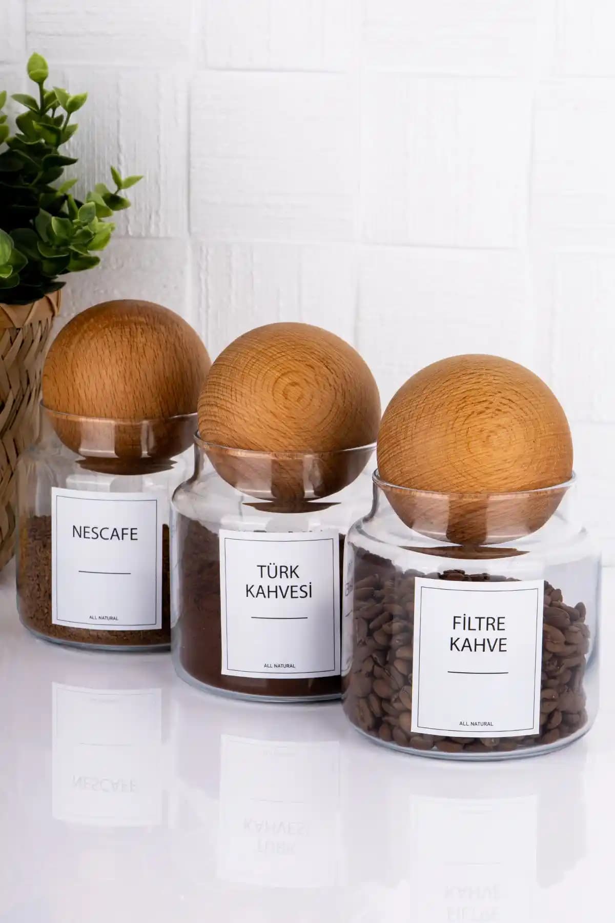 3'lü Ahşap Kapaklı Cam Saklama Kabı Seti Kahve ve Gıda Düzeni İçin Uygun