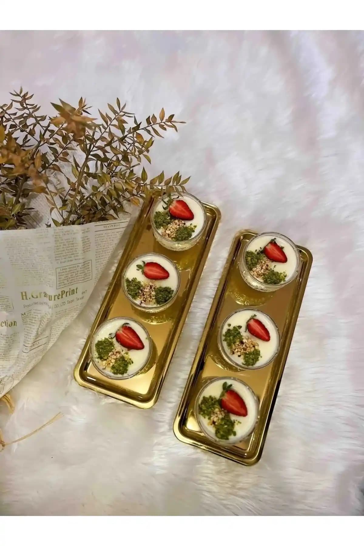 AHİR TİCARET 2'li Altın Renkli Paslanmaz Çelik Dikdörtgen Servis Tepsisi Seti