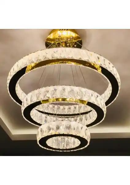 Ala Lighting Kristal Taş İşlemeli Gold Paslanmaz Ledli Modern Avize 53 cm genişlikte