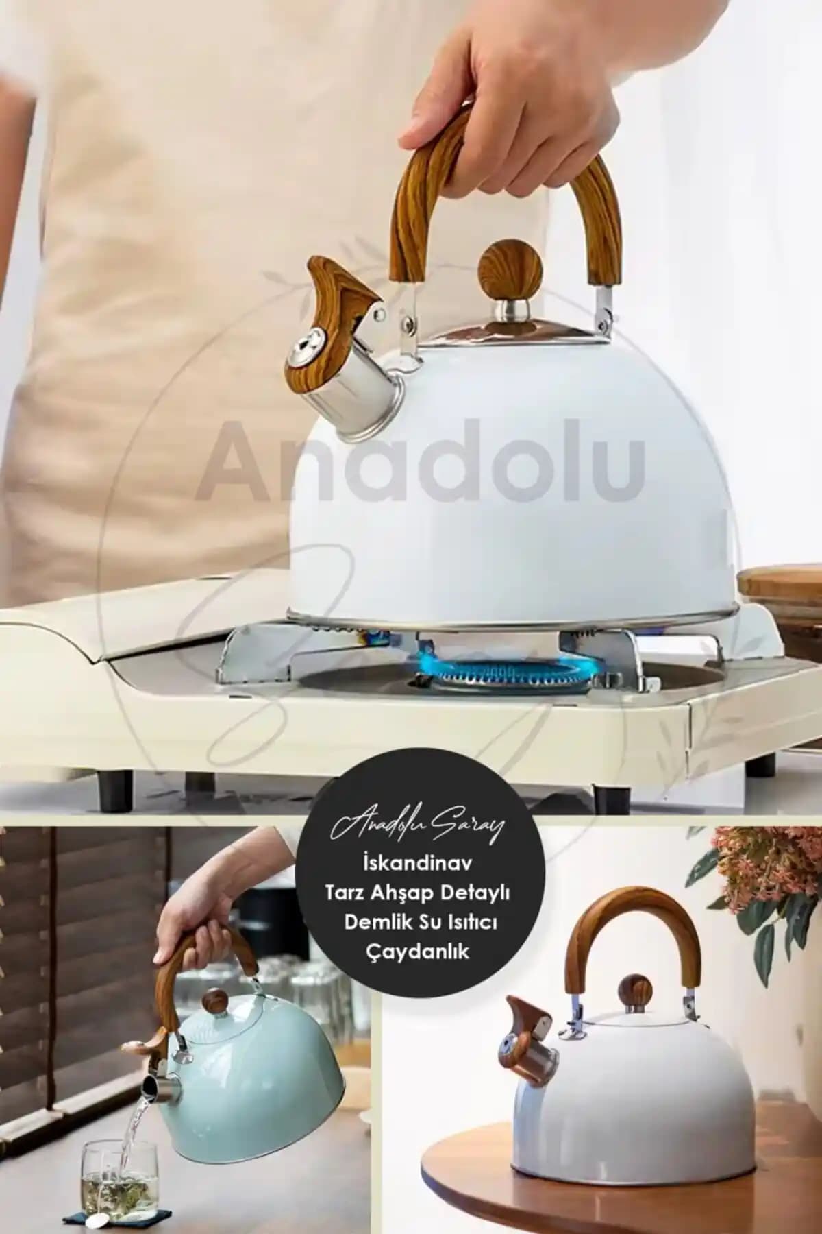 Anadolu Saray Paslanmaz Çelik İskandinav Tarz Islık Çalan 3 Litre Demlik ve Su Isıtıcı