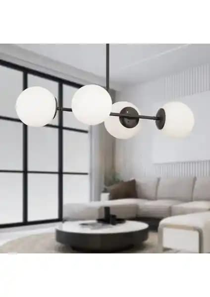 Apliqa Lema 4'lü Siyah Modern Yemek Masası ve Avize ile Şık ve Fonksiyonel Dekorasyon